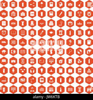 100 library icons hexagon orange Stock Vector