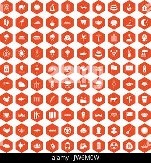 100 lotus icons hexagon orange Stock Vector