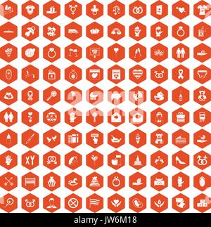 100 love icons hexagon orange Stock Vector