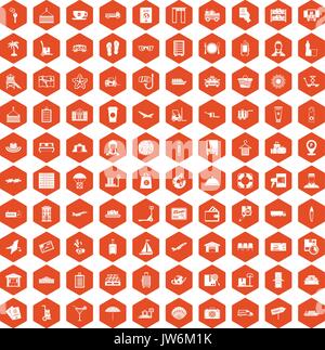 100 luggage icons hexagon orange Stock Vector