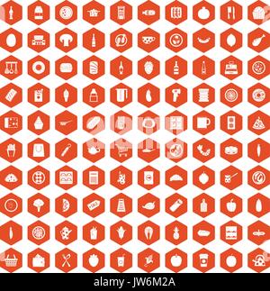 100 lunch icons hexagon orange Stock Vector
