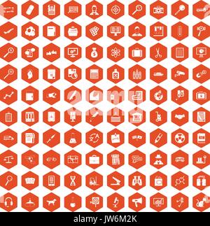100 magnifier icons hexagon orange Stock Vector