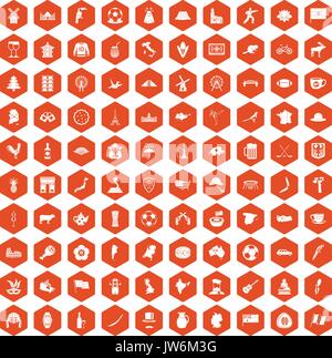 100 map icons hexagon orange Stock Vector