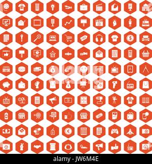 100 marketing icons hexagon orange Stock Vector