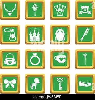 Doll princess items icons set green Stock Vector