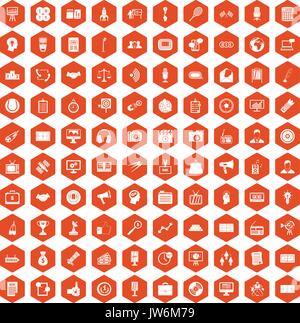 100 media icons hexagon orange Stock Vector
