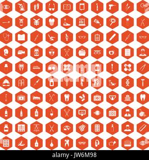 100 medical accessories icons hexagon orange Stock Vector