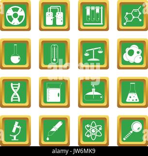 Chemical laboratory icons set green Stock Vector