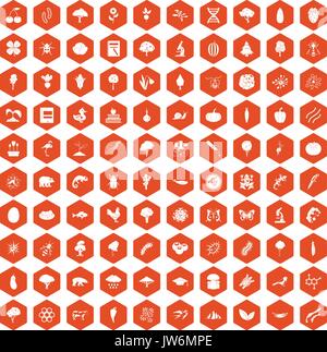 100 microbiology icons hexagon orange Stock Vector