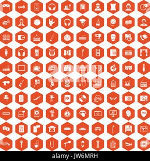 100 microphone icons hexagon orange Stock Vector
