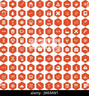 100 microscope icons hexagon orange Stock Vector