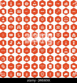 100 military icons hexagon orange Stock Vector