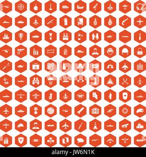 100 military resources icons hexagon orange Stock Vector