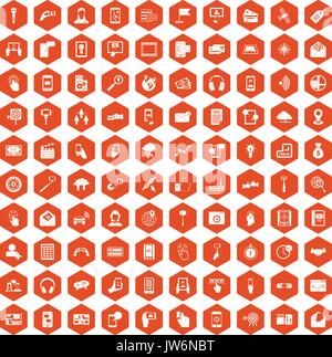 100 mobile icons hexagon orange Stock Vector