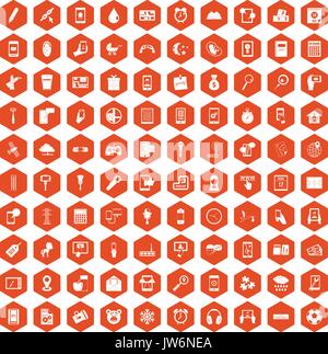 100 mobile app icons hexagon orange Stock Vector