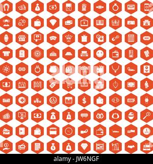 100 money icons hexagon orange Stock Vector