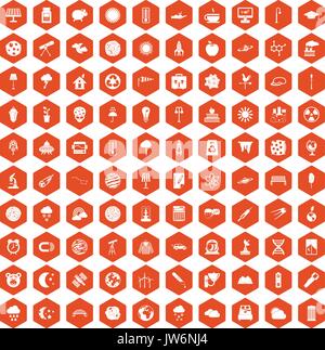 100 moon icons hexagon orange Stock Vector