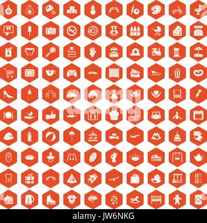 100 mother and child icons hexagon orange Stock Vector