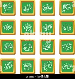 Comic colored sound icons set green Stock Vector