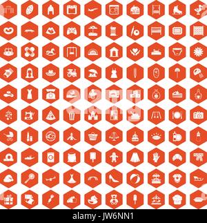 100 motherhood icons hexagon orange Stock Vector