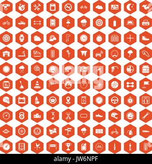 100 motorsport icons hexagon orange Stock Vector