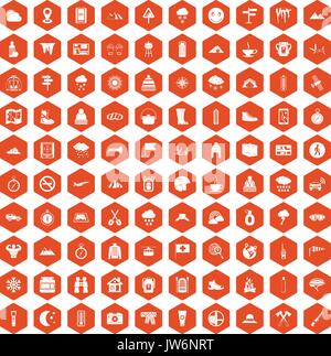 100 mountaineering icons hexagon orange Stock Vector