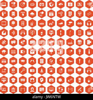 100 multimedia icons hexagon orange Stock Vector