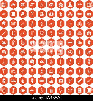 100 museum icons hexagon orange Stock Vector