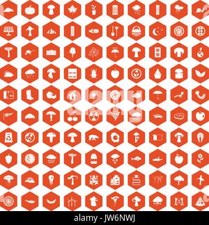 100 mushrooms icons hexagon orange Stock Vector