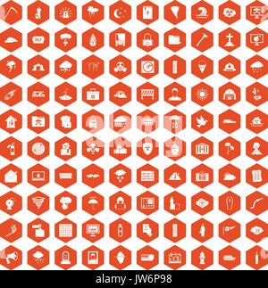 100 natural disasters icons hexagon orange Stock Vector