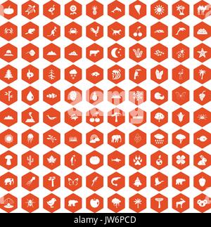 100 nature icons hexagon orange Stock Vector