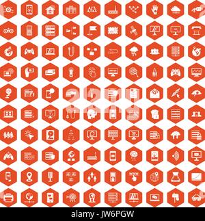 100 network icons hexagon orange Stock Vector