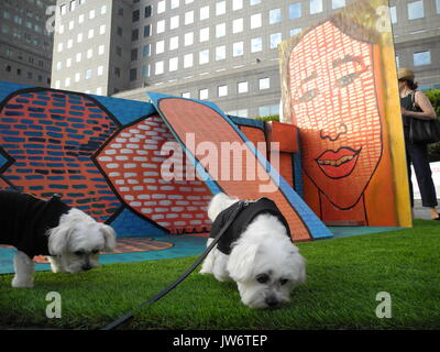 New York, US. 10th Aug, 2017. The two Maltese Shih Tzus Lily (L) and Lulu (R) standing in front of the sculpture 'Yes You Are' by artist Margarita Korol at the 'Dogumenta', the first art exhibition for dogs, in New York, US, 10 August 2017. The first art exhibition for dogs, the 'Dogumenta', was inaugurated in New York. Photo: Johannes Schmitt-Tegge/dpa/Alamy Live News Stock Photo