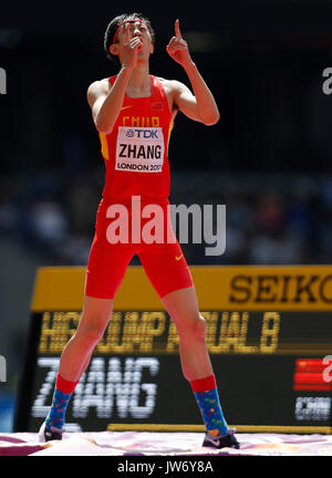 London, Britain. 11th Aug, 2017. Zhang Guowei of China reacts during the men's high jump qualification on Day 8 at the IAAF World Championships 2017 in London, Britain on Aug. 11, 2017. Credit: Wang Lili/Xinhua/Alamy Live News Stock Photo