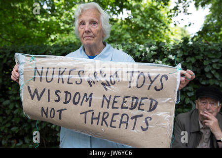 London, UK. 11th Aug, 2017. Campaigners from Stop The War Coalition and the Campaign for Nuclear Disarmament (CND) protest outside the US Embassy against President Donald Trump's recent inflammatory rhetoric regarding the use of nuclear weapons in response to statements made by the North Korean government. The US embassy declined to accept a letter brought by the delegation. Credit: Mark Kerrison/Alamy Live News Stock Photo