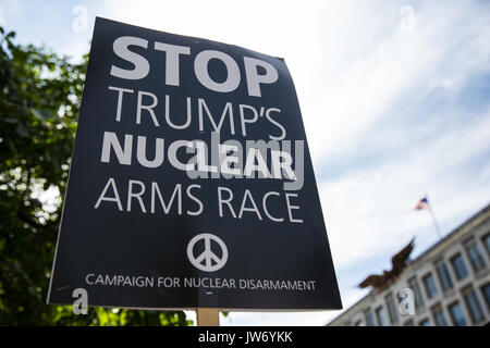 London, UK. 11th Aug, 2017. A placard held by campaigners from Stop The War Coalition and the Campaign for Nuclear Disarmament (CND) protesting outside the US Embassy against President Donald Trump's recent inflammatory rhetoric regarding the use of nuclear weapons in response to statements made by the North Korean government. The US embassy declined to accept a letter brought by the delegation. Credit: Mark Kerrison/Alamy Live News Stock Photo
