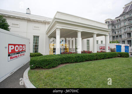 The White House West Wing in Washington, DC is undergoing renovations while United States President Donald J. Trump is vacationing in Bedminster, New Jersey on Friday, August 11, 2017. Credit: Ron Sachs/CNP /MediaPunch Stock Photo