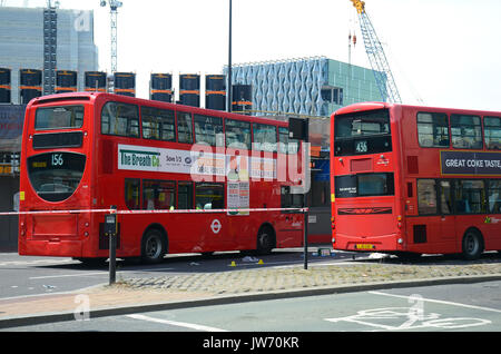 London, UK. 11th August, 2017. scene of accident buses and pedestrian in Nine Elms Lane at Vauxhall cross one day after bus crashes into shop on nearby  Lavender Hill, Battersea. Credit: JOHNNY ARMSTEAD/Alamy Live News Stock Photo