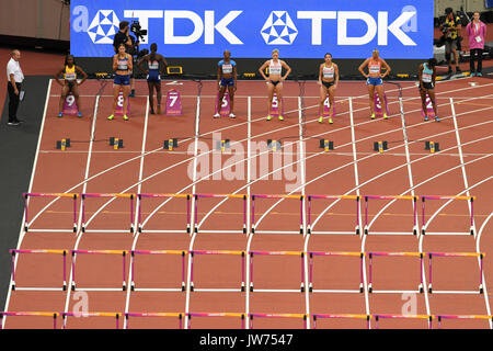 London, UK.  11 August 2017. Eventual winner Dawn Harper Nelson (USA) lane 7 at the start line of 100m hurdles semi-finals at the London Stadium, on day eight of The IAAF World Championships London 2017.Credit: Stephen Chung / Alamy Live News Stock Photo