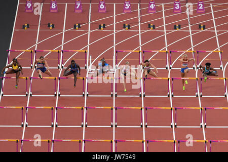 London, UK.  11 August 2017. Eventual winner Dawn Harper Nelson (USA) lane 7 en route to winning her 100m hurdles semi-finals at the London Stadium, on day eight of The IAAF World Championships London 2017.  Second Pamela Dutkiewicz (GER), third Kendra Harrison (USA).  Credit: Stephen Chung / Alamy Live News Stock Photo