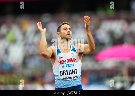 London, UK. 11th Aug, 2017. London, August 11 2017 . Ashley Bryant, Great Britain, claps to get the crowd behind him in the men's decathlon high jump on day eight of the IAAF London 2017 world Championships at the London Stadium. Credit: Paul Davey/Alamy Live News Stock Photo