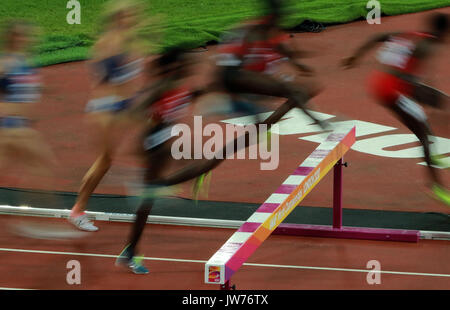 London, Britain. 11th Aug, 2017. Athletes compete during Women's 3000m Steeplechase Final on Day 8 of the 2017 IAAF World Championships at London Stadium in London, Britain, on Aug. 11, 2017. Credit: Luo Huanhuan/Xinhua/Alamy Live News Stock Photo