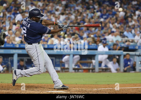 San Diego, California, USA . 11th Aug, 2017. San Diego Padres left fielder Jose Pirela (2) homers to give the Padres a 4-3 lead in the 8th inning in the game between the San Diego Padres and the Los Angeles Dodgers, Dodger Stadium in Los Angeles, CA. Photographer: Peter Joneleit. Credit: Cal Sport Media/Alamy Live News Stock Photo