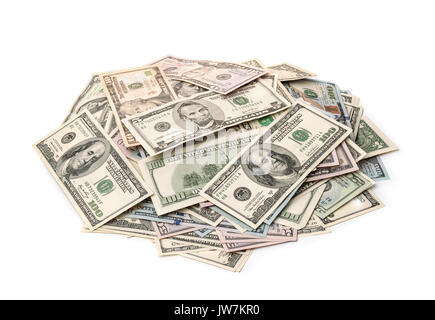 Pile of varied dollar bills isolated on white Stock Photo