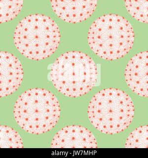 Round shape cactus in red dot and line on white plane with pastel green background. Red bubble on green. Hand drawn style. Seamless pattern. Stock Vector