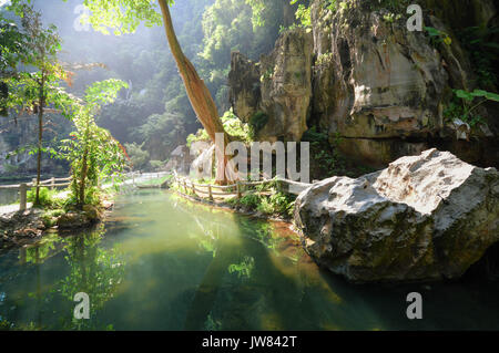 Water reflections of vegetation and limestones in the countryside of Ipoh city, Perak, Malaysia. Southeast Asia Stock Photo