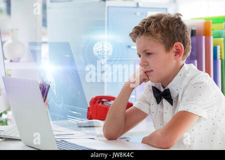 DNA helix and brain interface against businessman looking at laptop Stock Photo