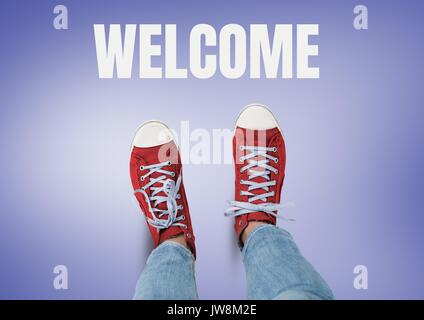 Digital composite of Welcome text and Red shoes on feet with purple background Stock Photo