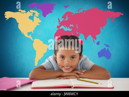 Digital composite of Schoolgirl at desk in front of colorful world map Stock Photo