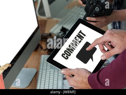 Digital composite of Comment text and chat graphic on tablet screen with hands Stock Photo